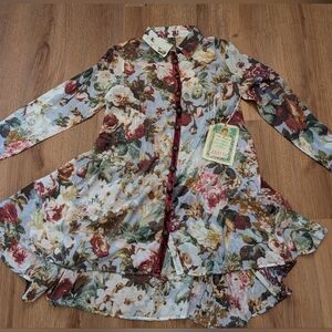 New Aratta Silent Journey Floral Silk Blend Tunic Button Up Velvet Burnout Small